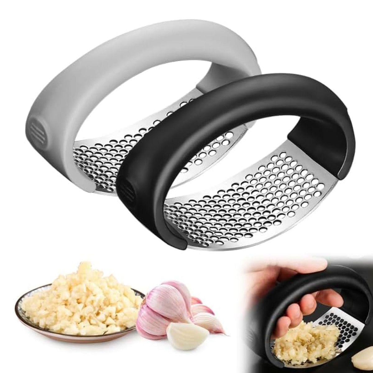 Stainless steel garlic press crusher and manual mincer for chopping garlic, fruits, and vegetables – durable kitchen tool and accessory.