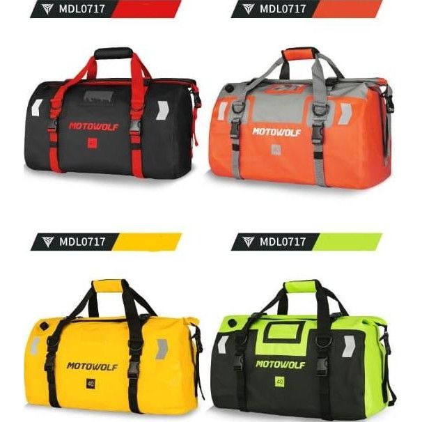 Waterproof motorcycle dry bag with reflective design, tail duffle for travel, hiking, camping, boating, riding, fishing, and outdoor luggage storage.