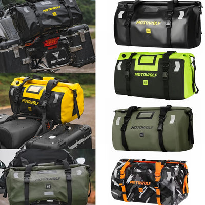 Waterproof motorcycle dry bag with reflective design, tail duffle for travel, hiking, camping, boating, riding, fishing, and outdoor luggage storage.